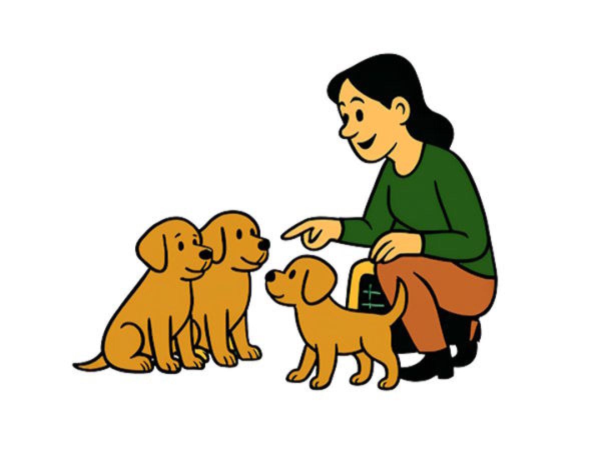 Mehrere Welpen im kontrollierten Kontakt mit Trainerin